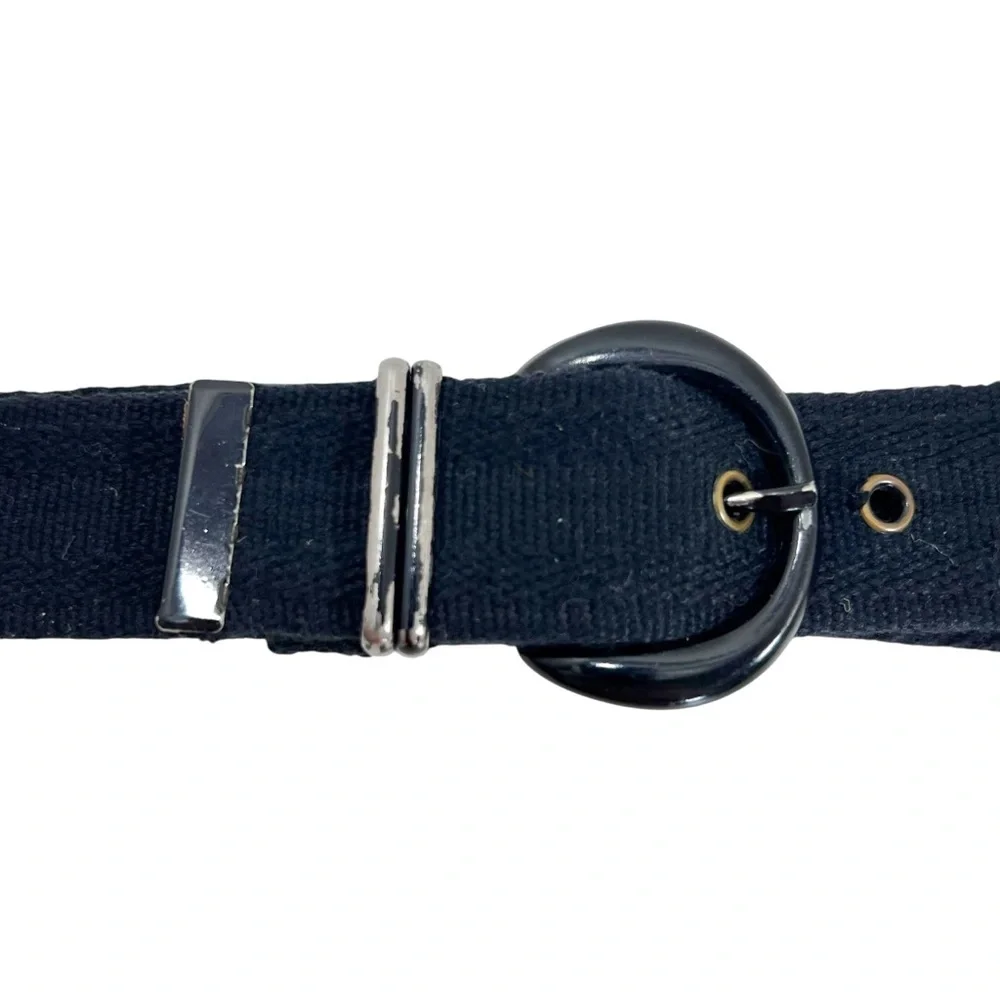Vintage 80’s Liz Claiborne Black Canvas Silver Tone Metal Buckle Belt